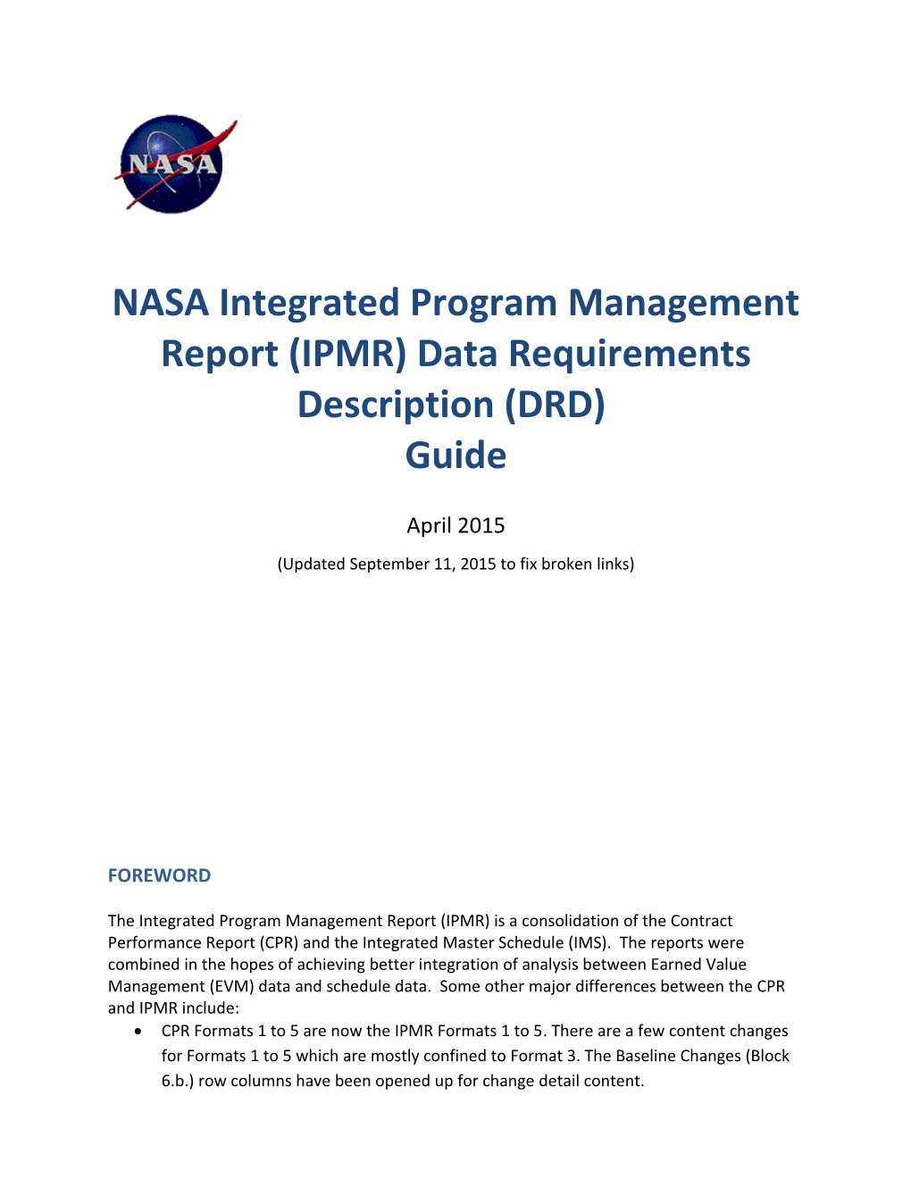NASA Integrated Program Management Report (IPMR) Data Requirements Description (DRD) Guide