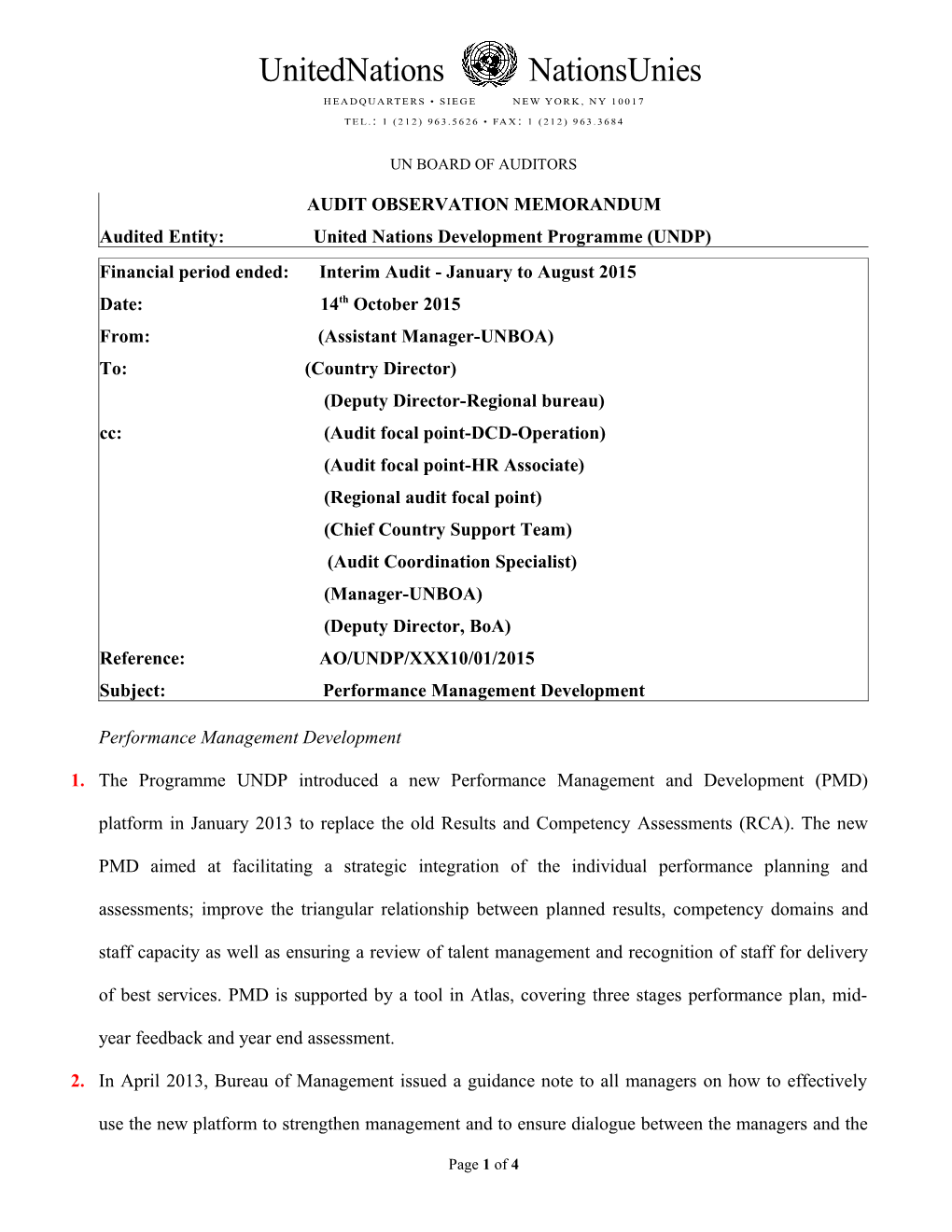 Audit Observation Memorandum