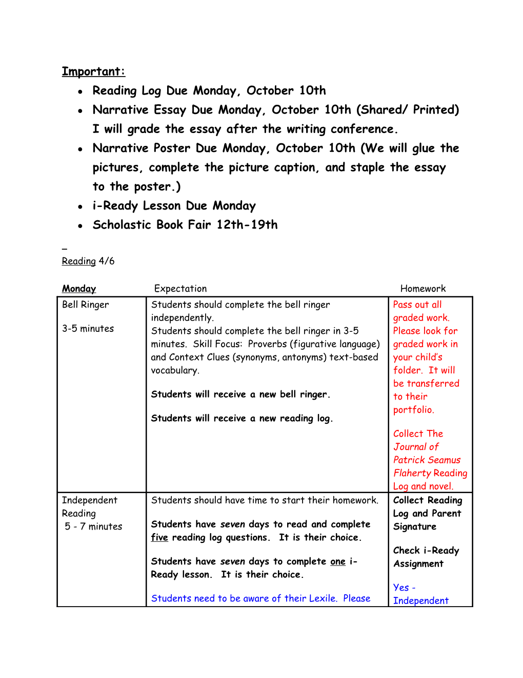 Reading Log Due Monday, October 10Th