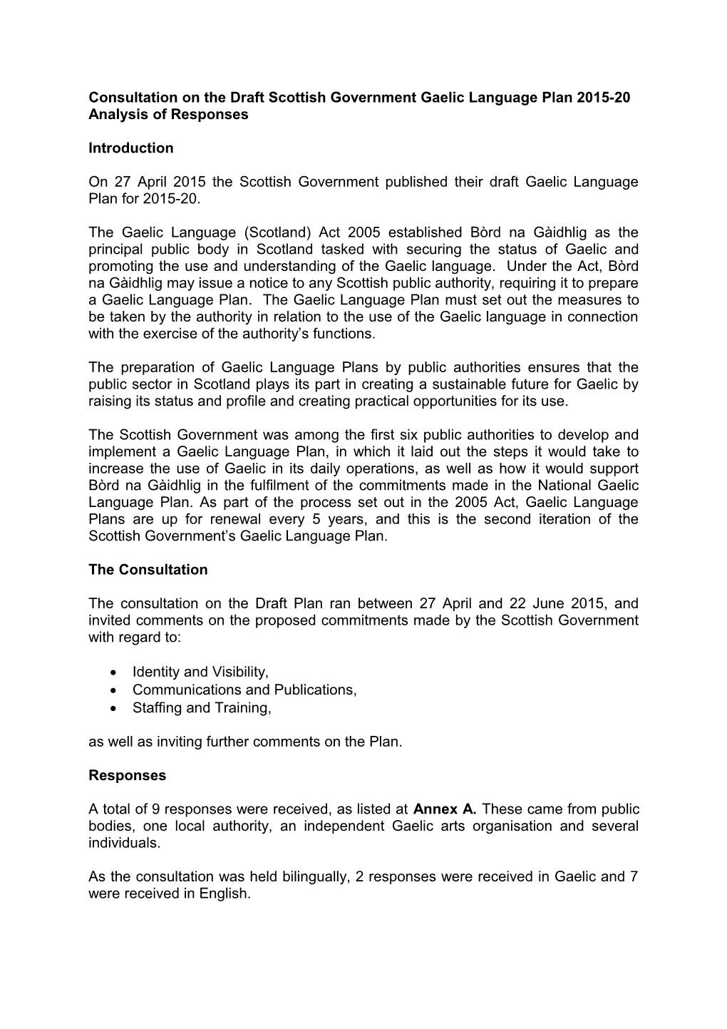 Consultation on the Draft Scottish Government Gaelic Language Plan 2015-20