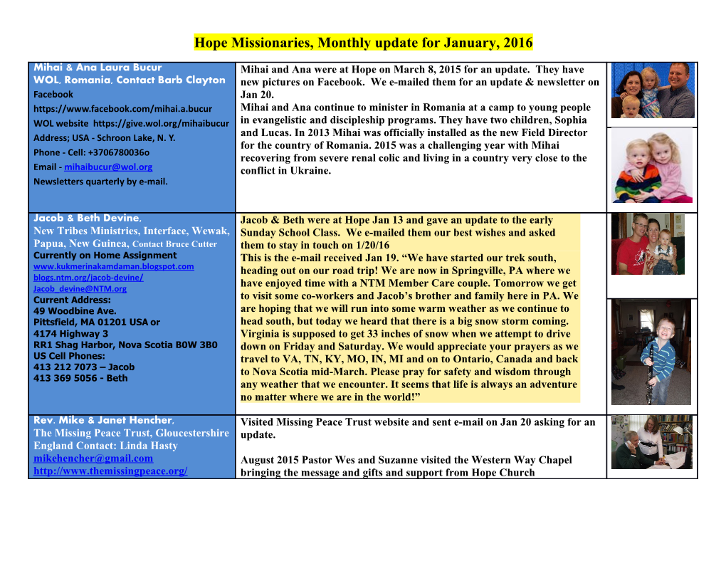 Hope Missionaries, Monthly Update for January, 2016