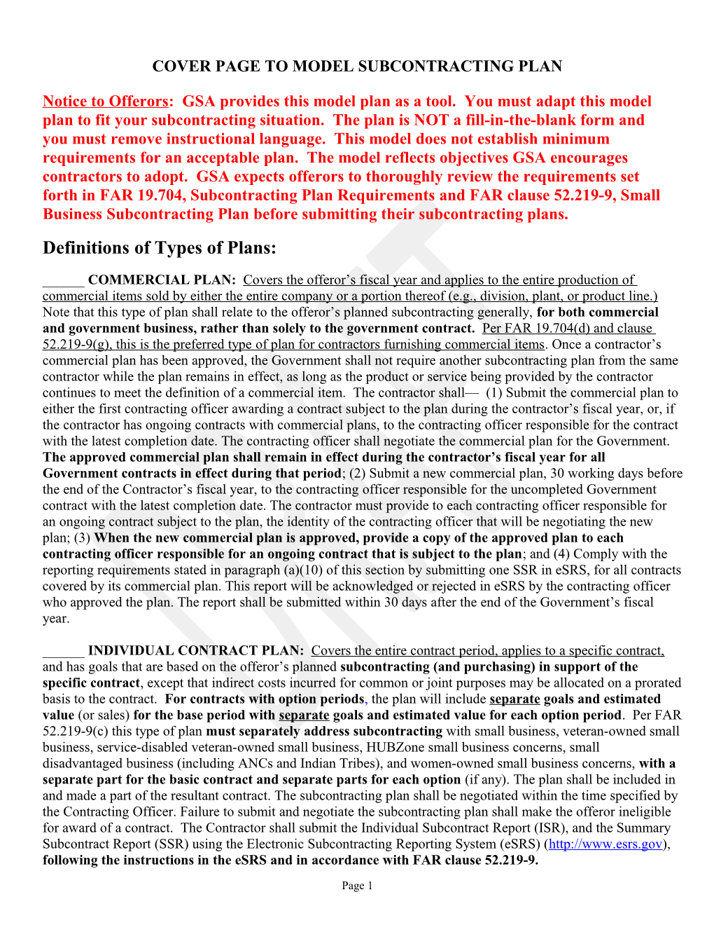 Cover Page to Model Subcontracting Plan