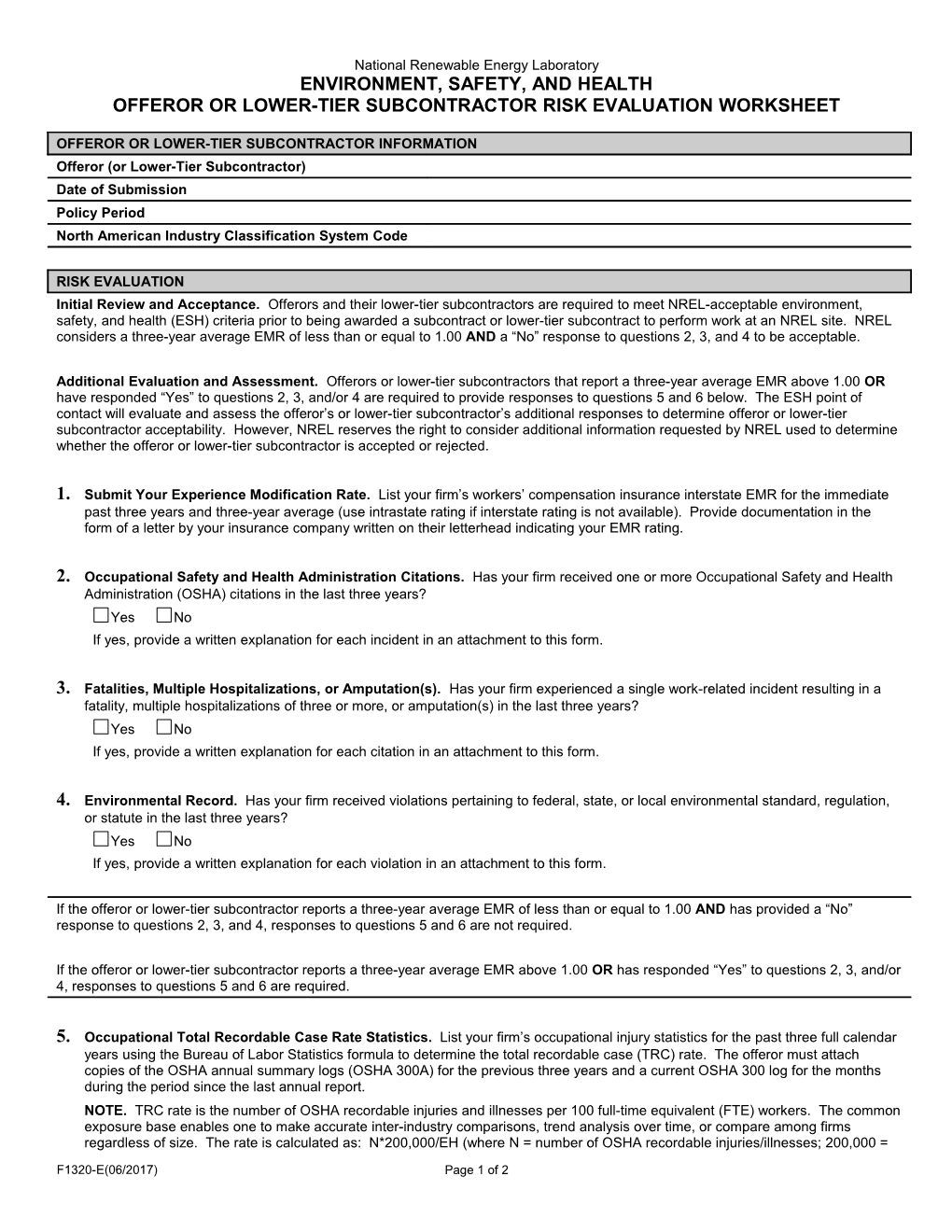 Environment, Safety, and Health Offeror Or Lower-Tier Subcontractor Risk Evaluation Worksheet