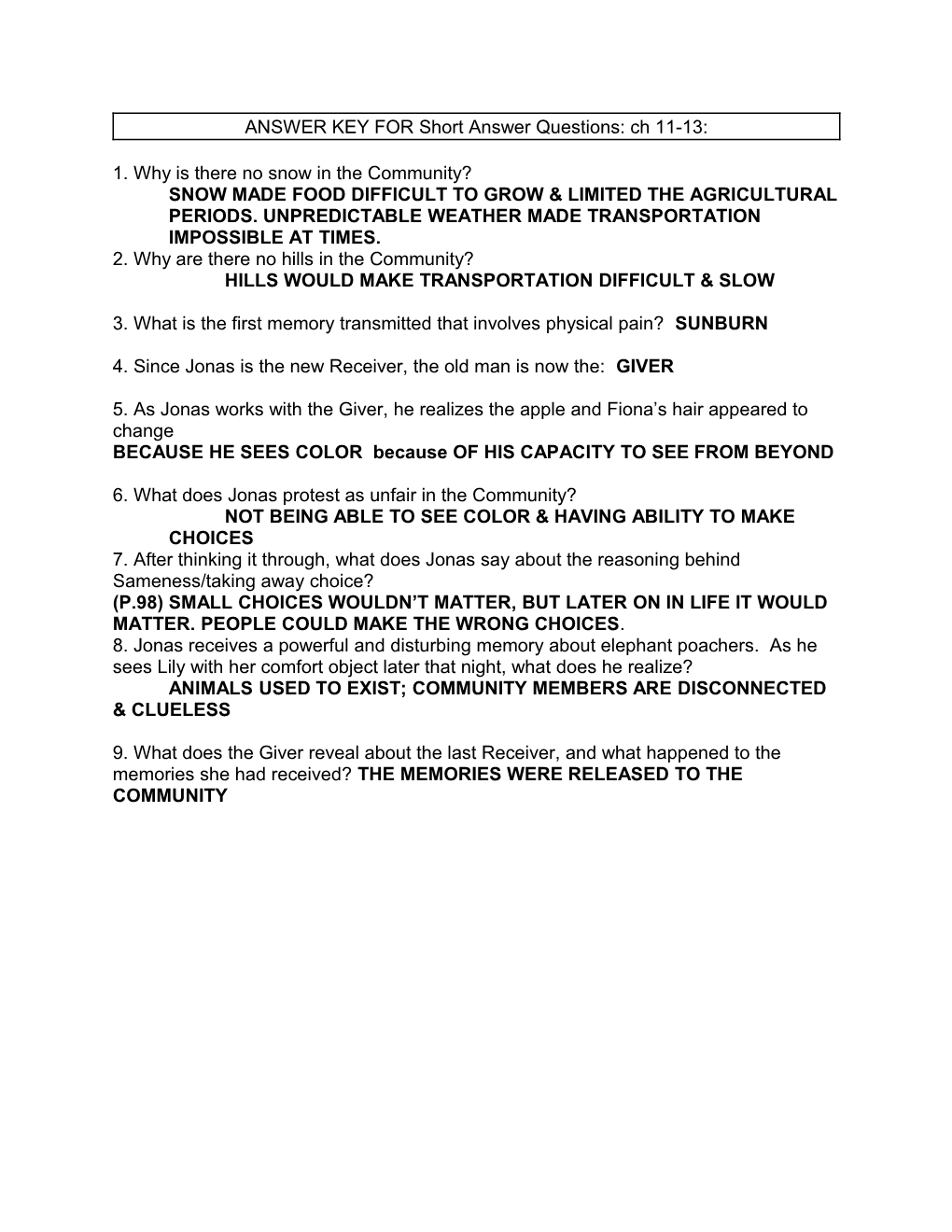 ANSWER KEY for Short Answer Questions: Ch 11-13