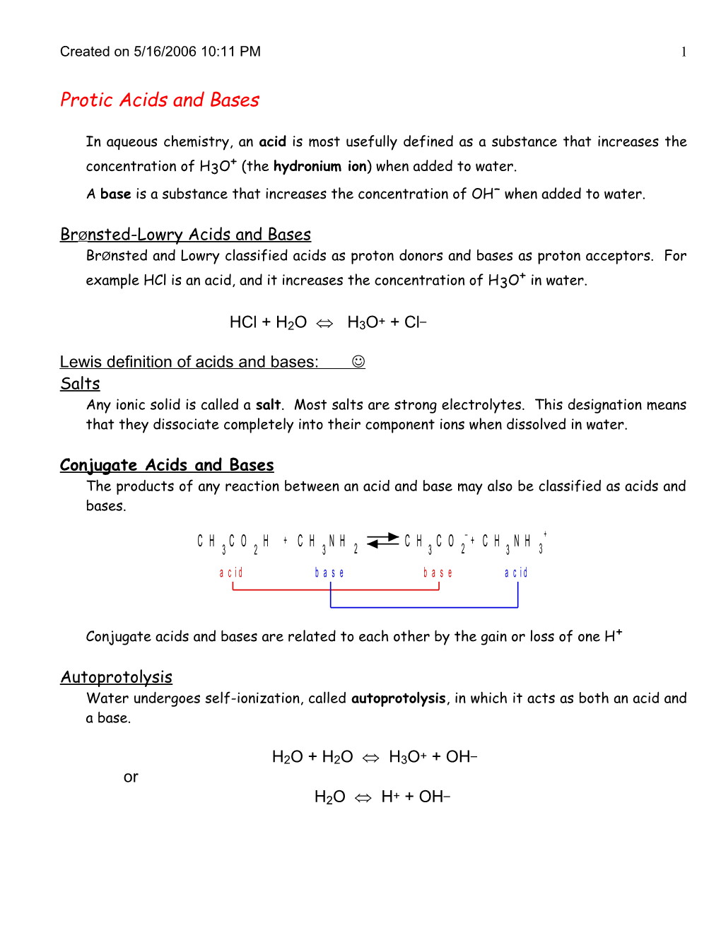 Protic Acids and Bases