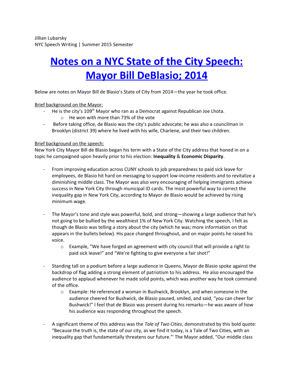 Notes on a NYC State of the City Speech: Mayor Bill Deblasio; 2014