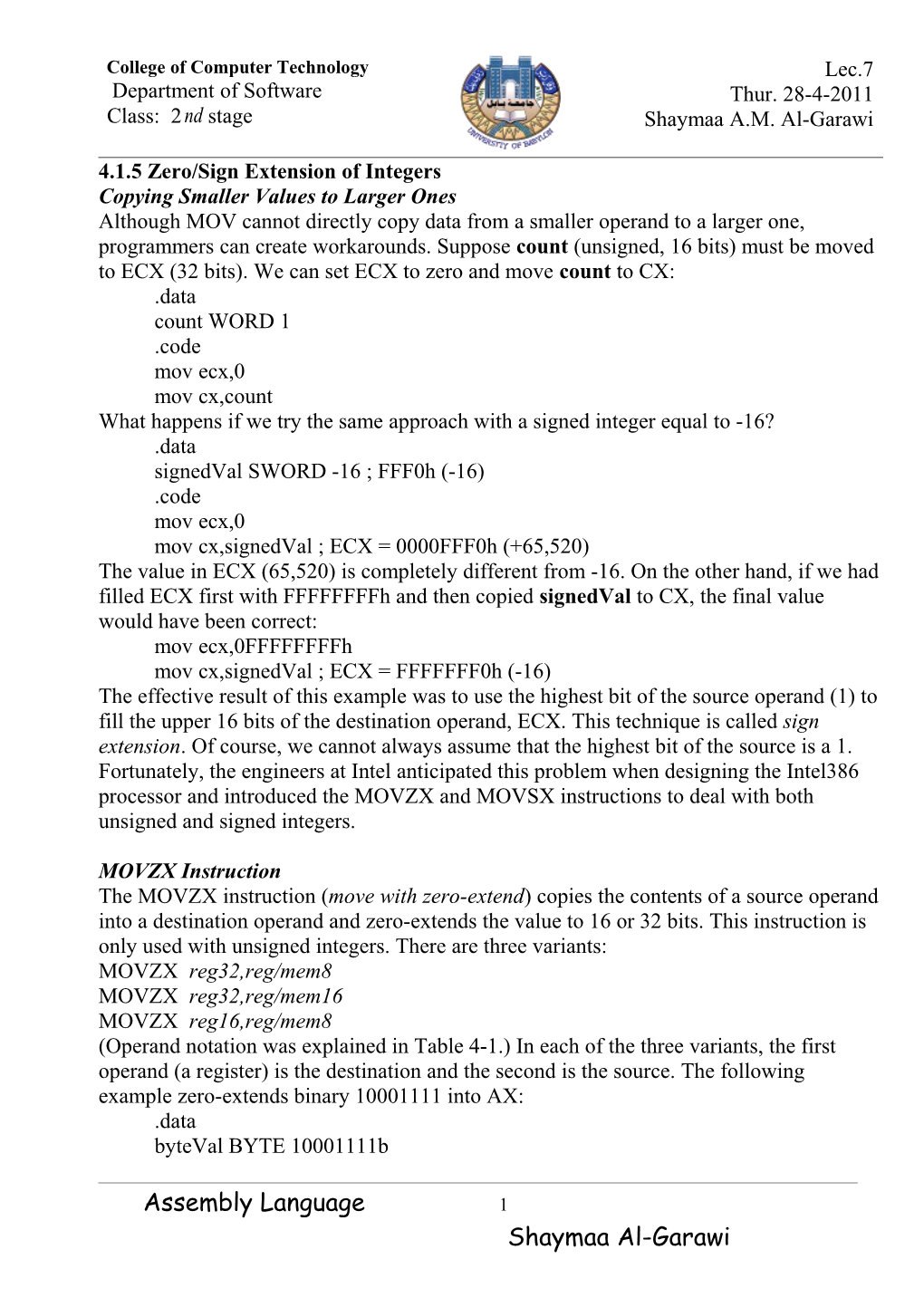 4.1.5 Zero/Sign Extension of Integers