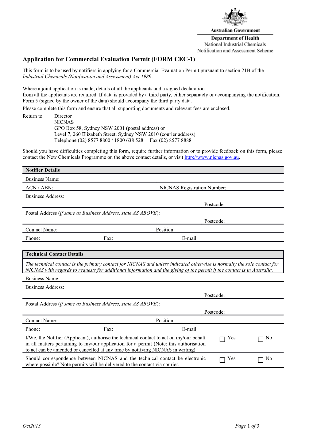 Application for Commercial Evaluation Permit (FORM CEC-1)