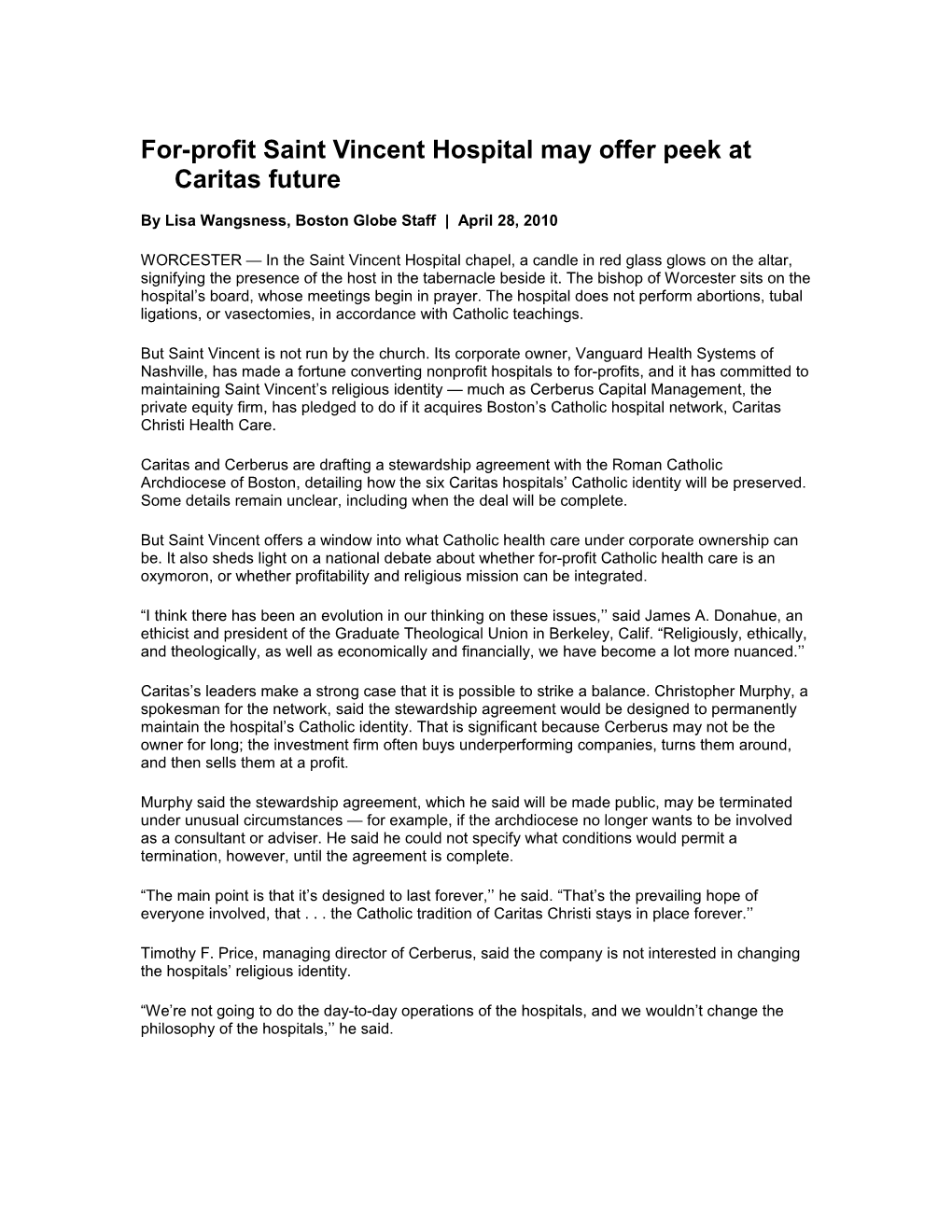 For-Profit Saint Vincent Hospital May Offer Peek at Caritas Future