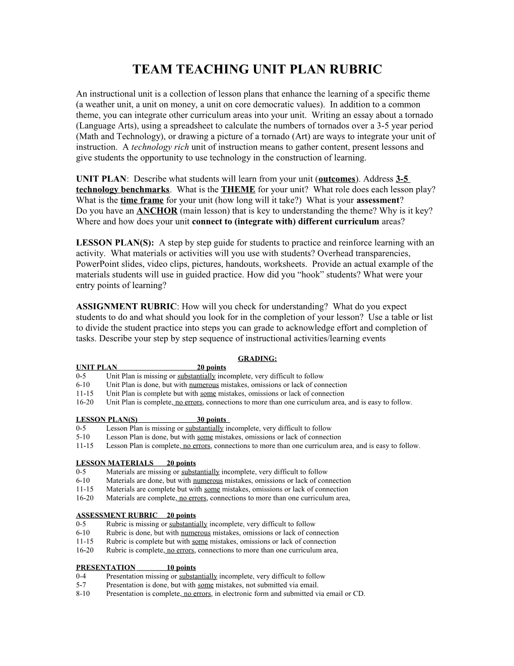 Team Teaching Unit Plan Rubric