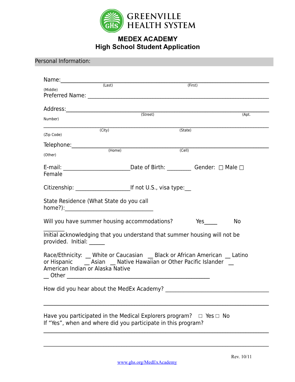 High School Student Application