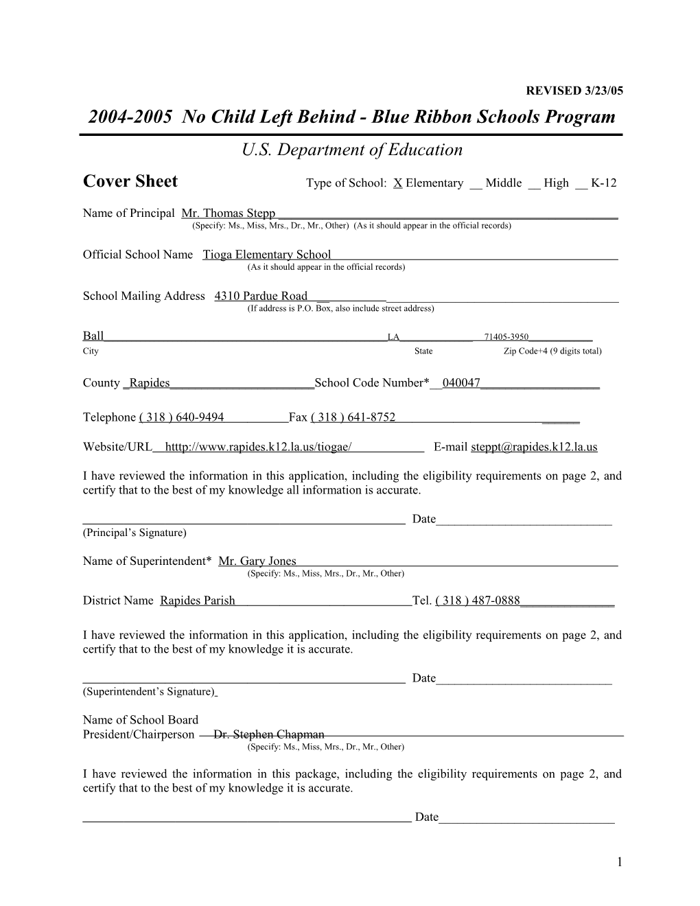 Tioga Elementary School Application: 2004-2005, No Child Left Behind - Blue Ribbon Schools