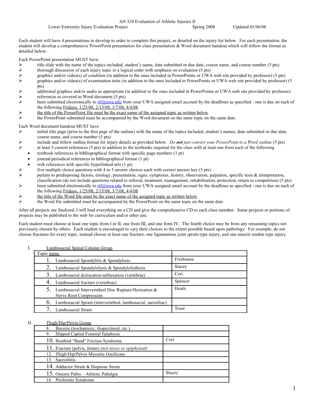 AH 324 Evaluation of Athletic Injuries II