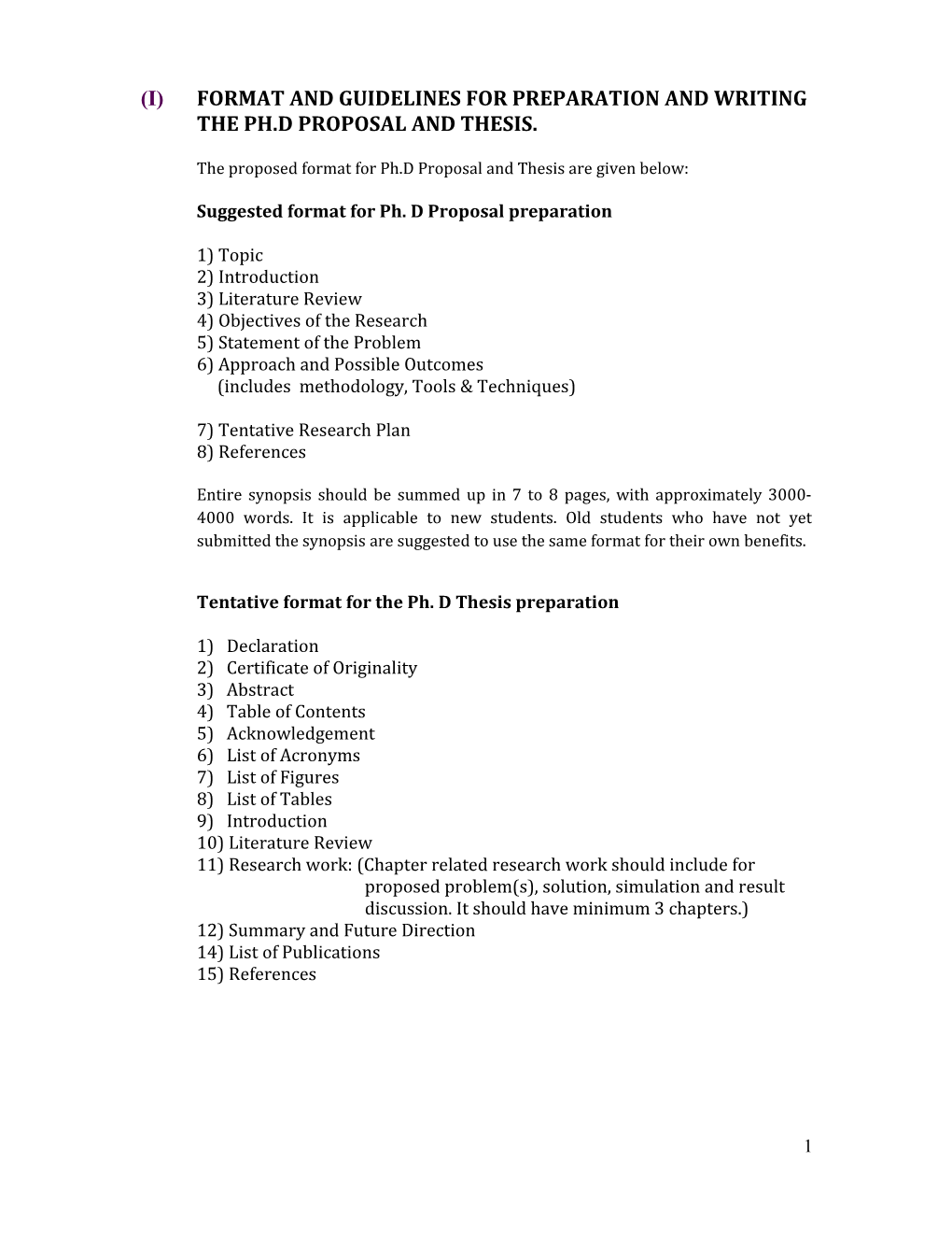 (I) Format and Guidelines for Preparation and Writing the Ph.D Proposal and Thesis