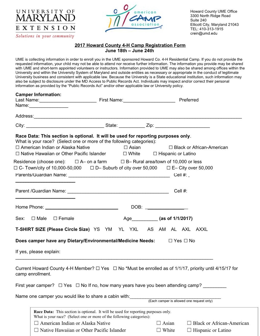 2017 Howard County4-H Camp Registration Form June 18Th June 24Th