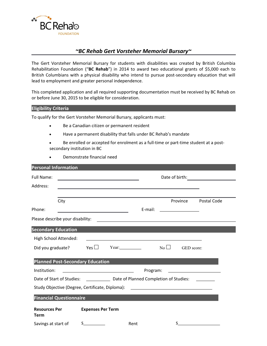 BC Rehab Gert Vorsteher Memorial Bursary Application 2015Page 1