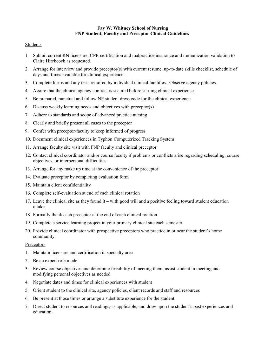 FNP Student, Faculty and Preceptor Clinical Guidelines