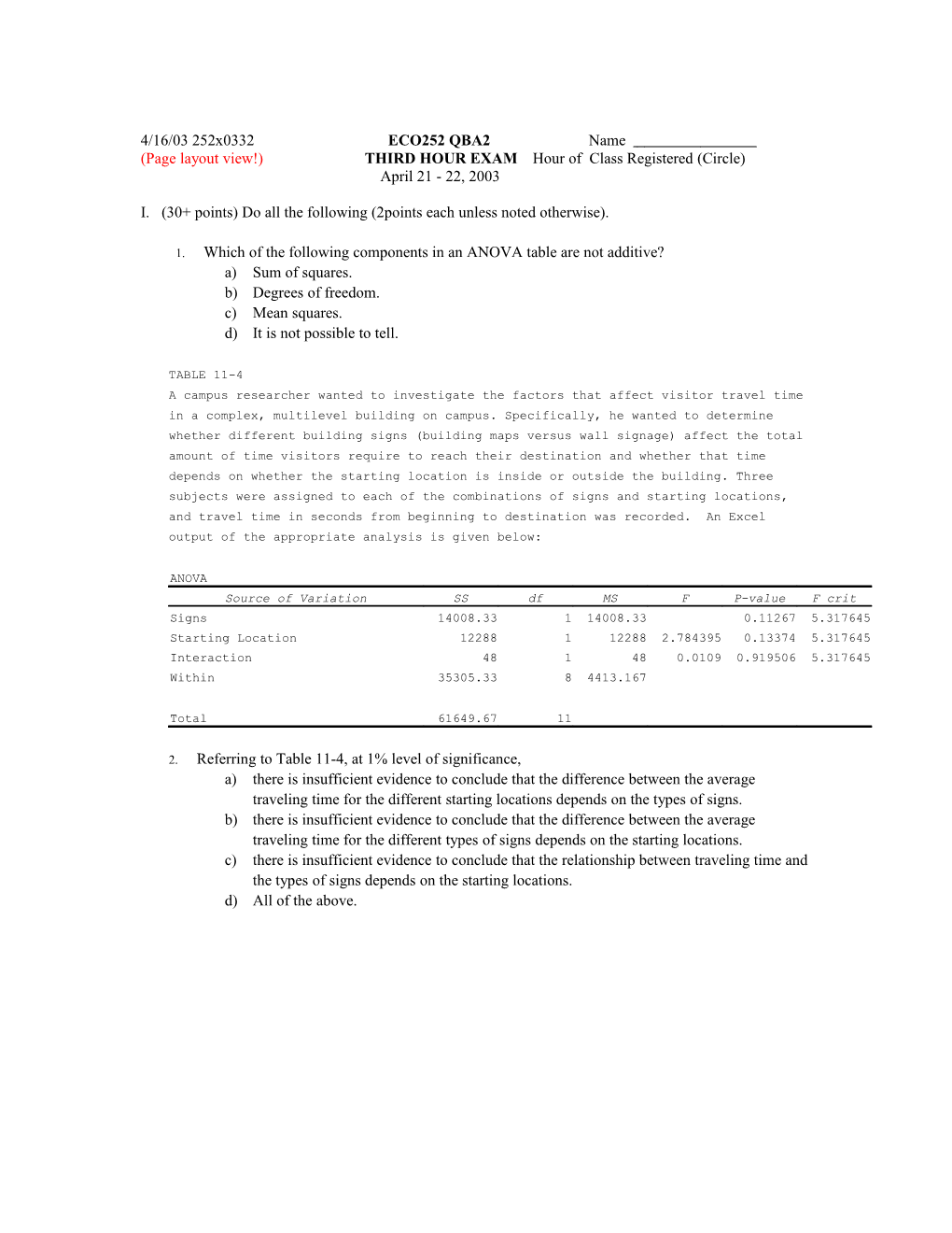 Page Layout View!) THIRD HOUR Examhour of Class Registered (Circle