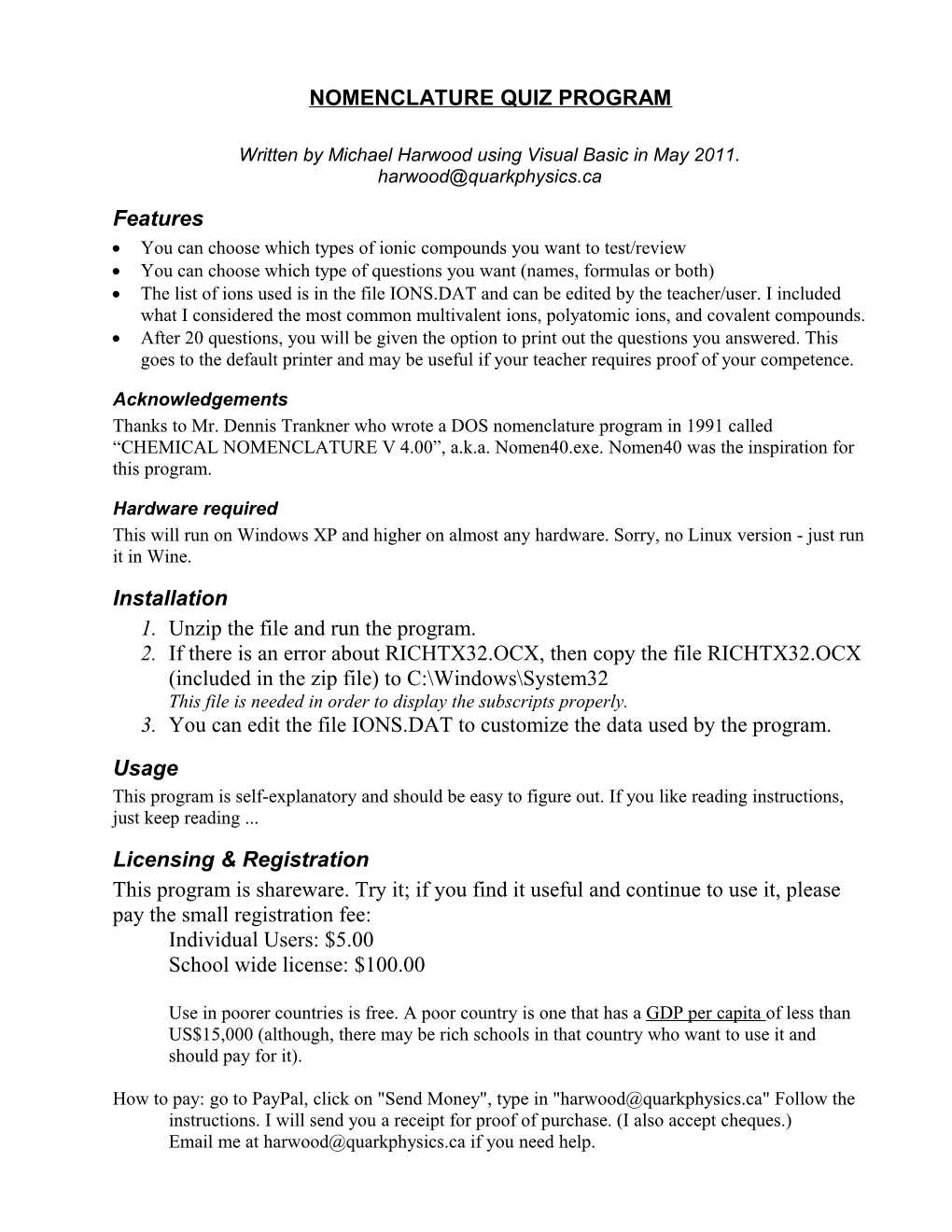 Nomenclature Quiz Program