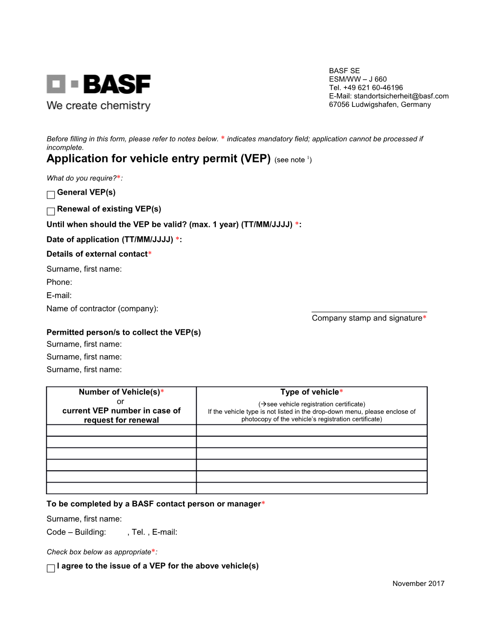 Application for Vehicle Entry Permit (VEP) (See Note 1 )