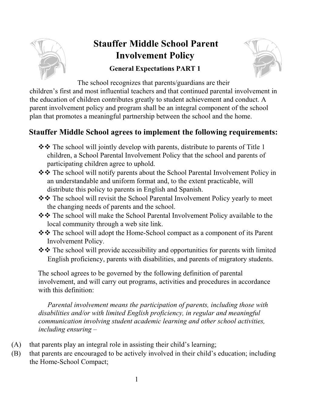 Stauffer Middle School Parent Involvement Policy 14-15