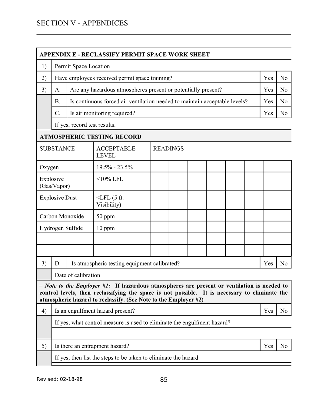 Appendix E - Reclassify Permit Space Work Sheet