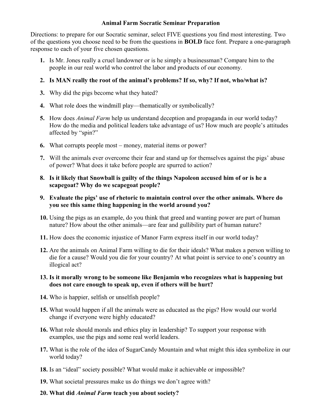 Questions for Animal Farm Socratic Seminar