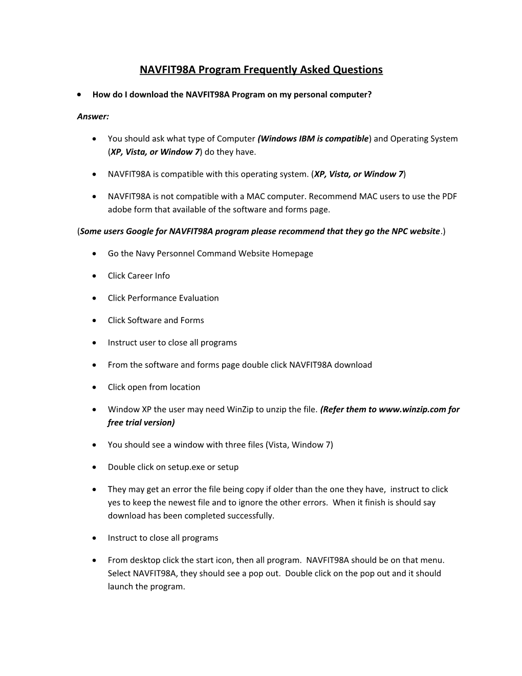 NAVFIT98A Program Frequently Asked Questions