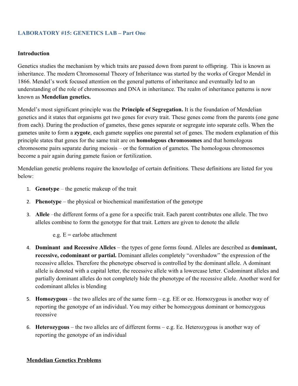 LABORATORY #15: GENETICS LAB Part One