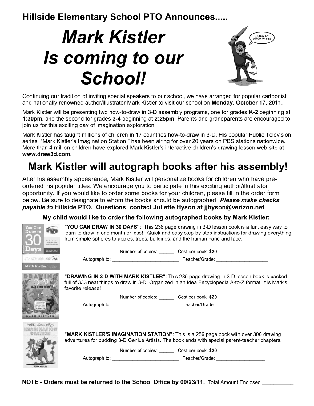 Mark Kistler's Imagination Station!-Assembly Book Pre-Sale Children's Take-Home Flyer