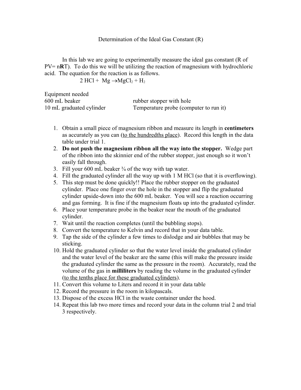 Determination of the Ideal Gas Constant (R)