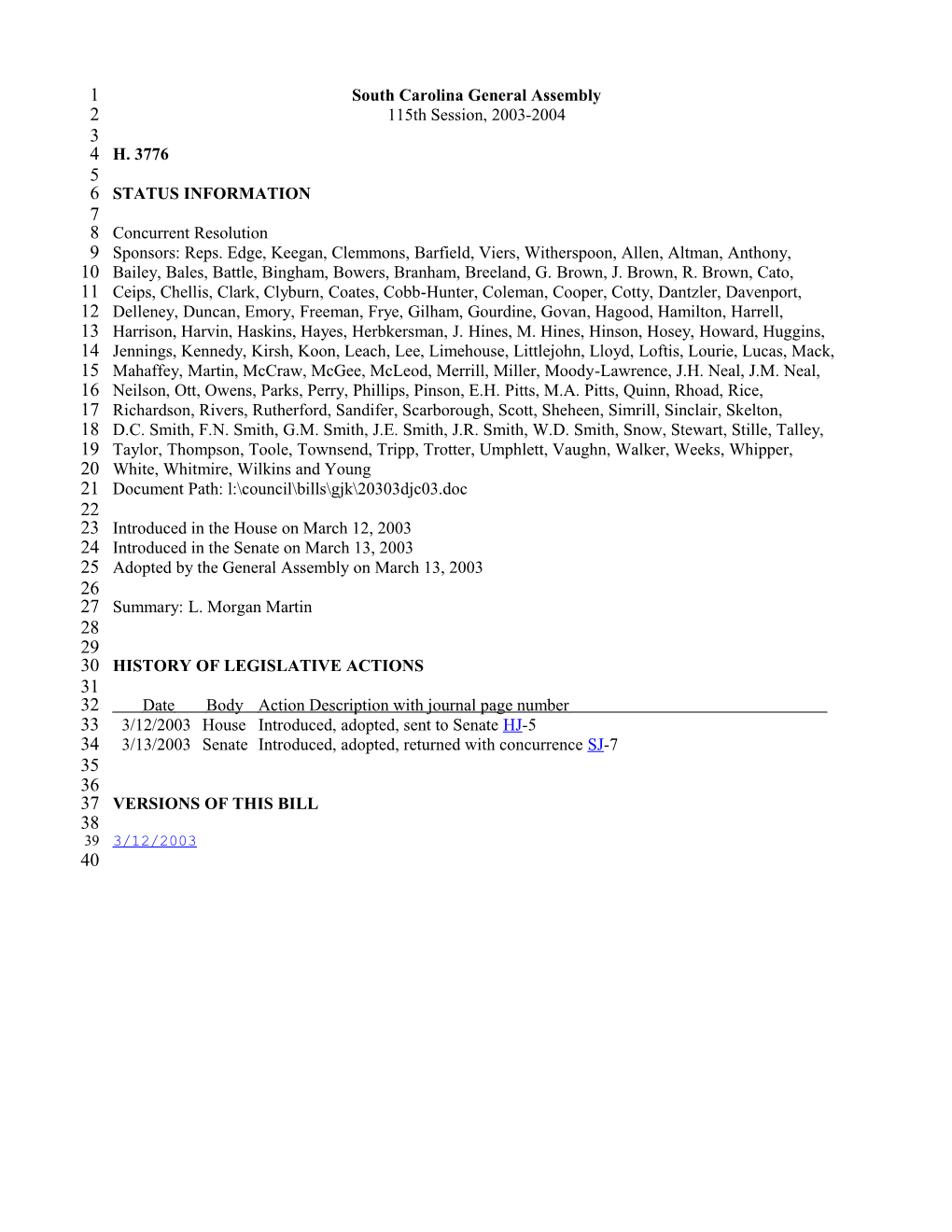 2003-2004 Bill 3776: L. Morgan Martin - South Carolina Legislature Online