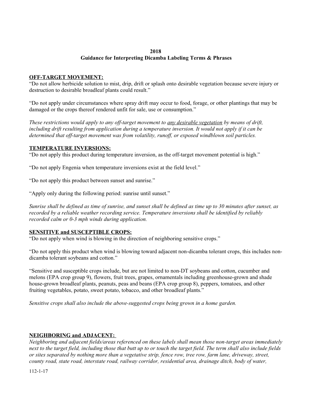 Guidance for Interpreting Dicamba Labeling Terms & Phrases