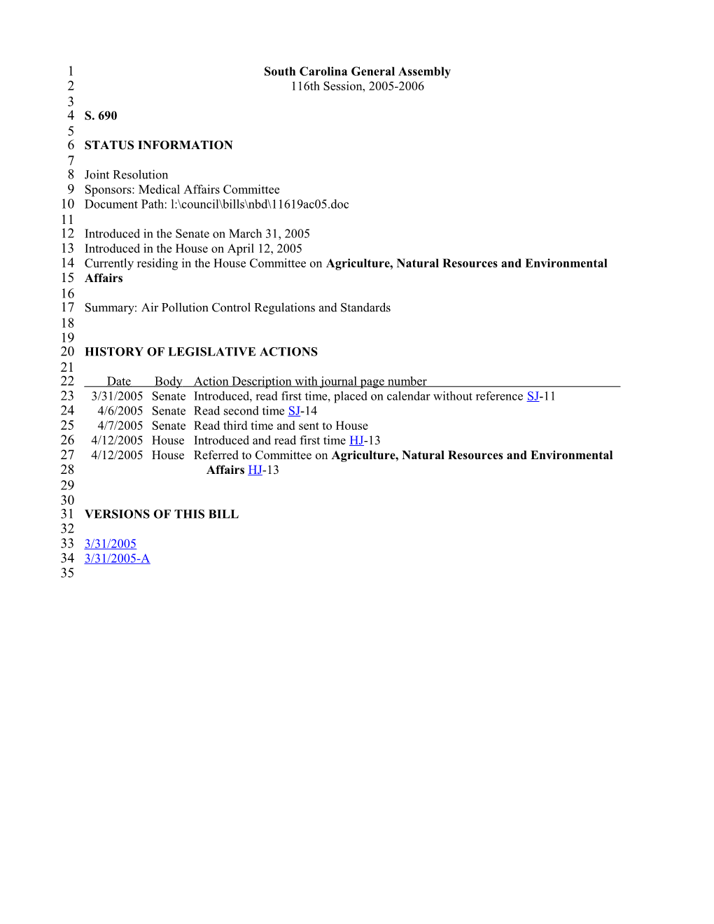 2005-2006 Bill 690: Air Pollution Control Regulations and Standards - South Carolina Legislature