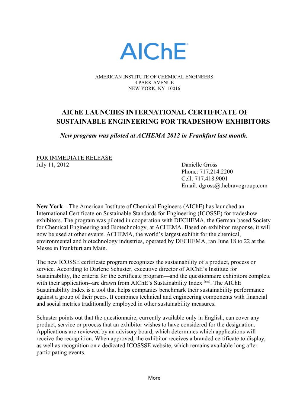 Aiche LAUNCHES INTERNATIONAL CERTIFICATE of SUSTAINABLE ENGINEERINGFOR TRADESHOW EXHIBITORS