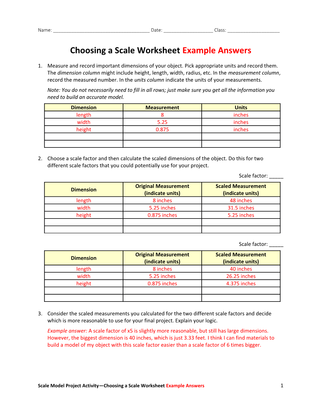 Choosing a Scale Worksheetexample Answers