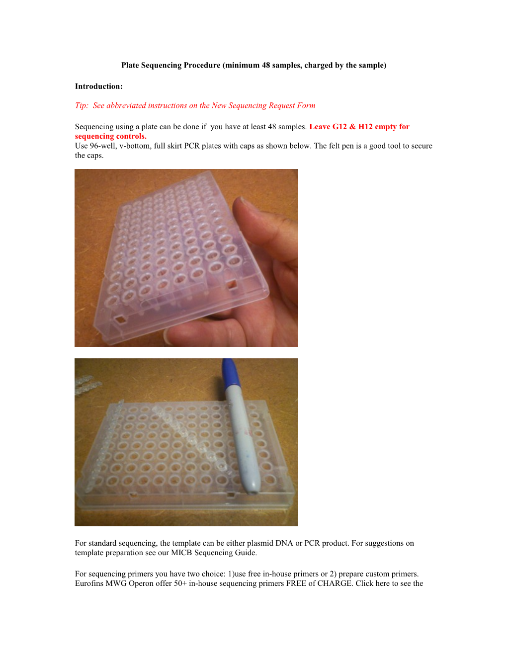 Plate Sequencing Procedure (Minimum 48 Samples, Charged by the Sample)