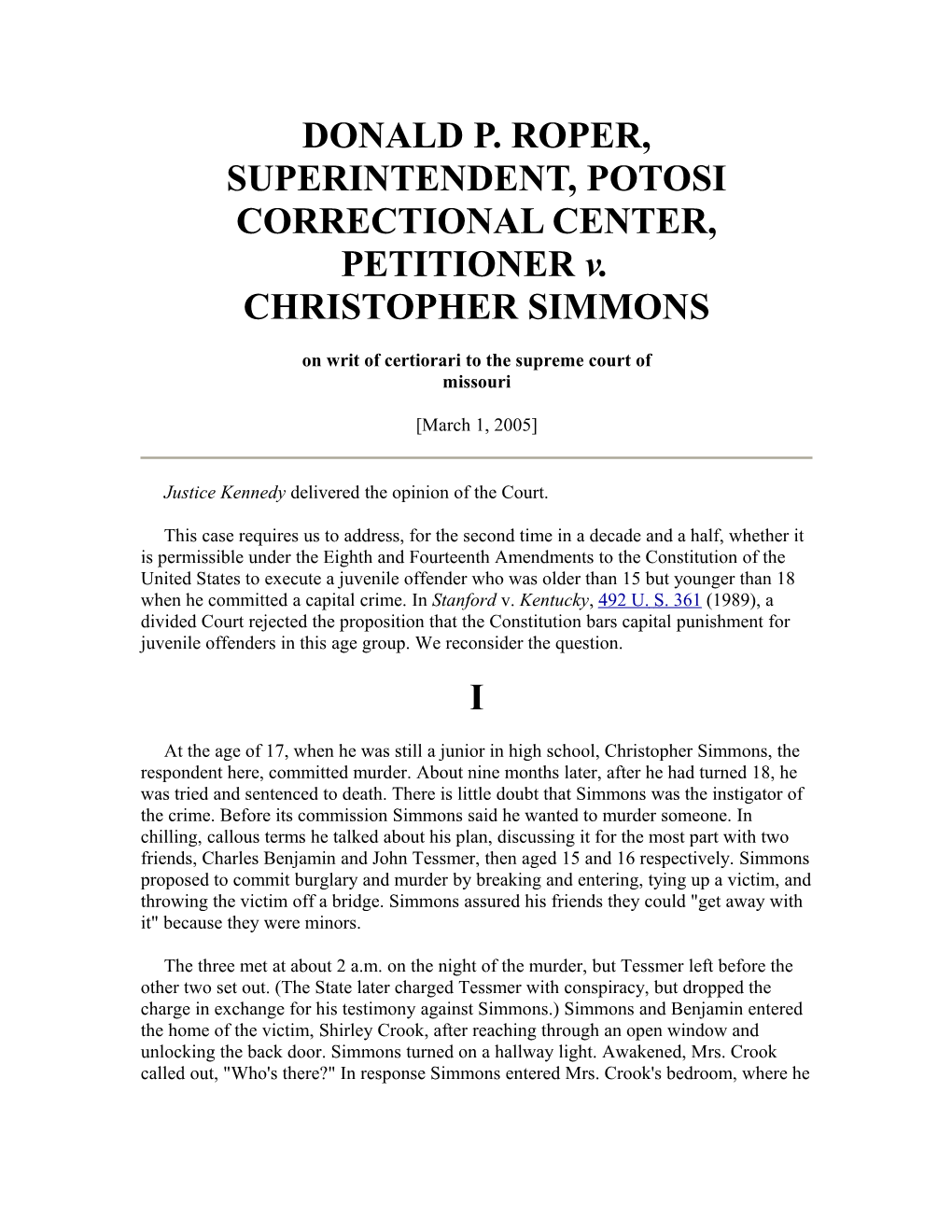 DONALD P. ROPER, SUPERINTENDENT, POTOSI CORRECTIONAL CENTER, PETITIONER V. CHRISTOPHER SIMMONS