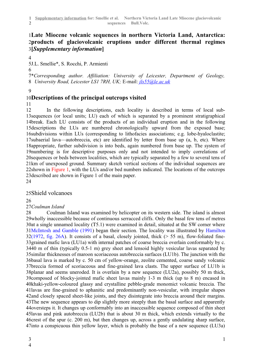 Supplementary Information For: Smellie Et Al. Northern Victoria Land Late Miocene