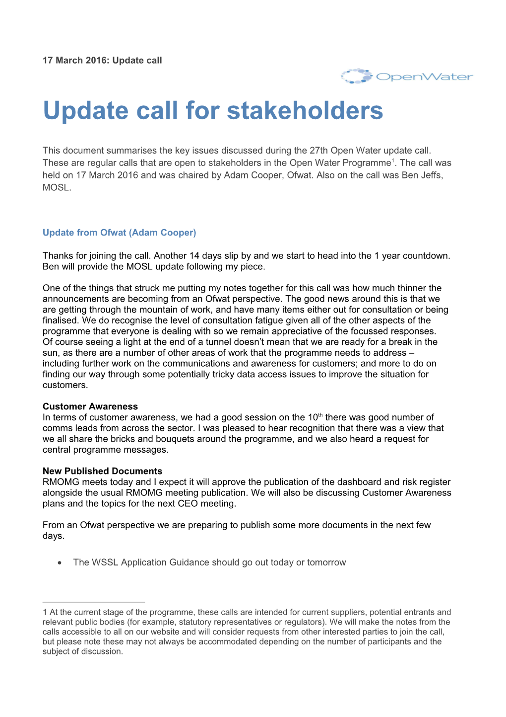 Update Call for Stakeholders