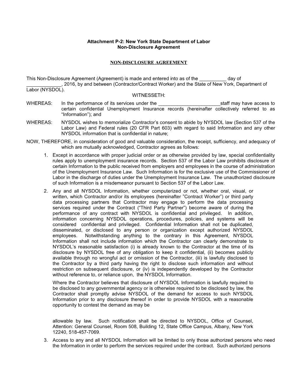 Attachment P-2: New York State Department of Labor Non-Disclosure Agreement