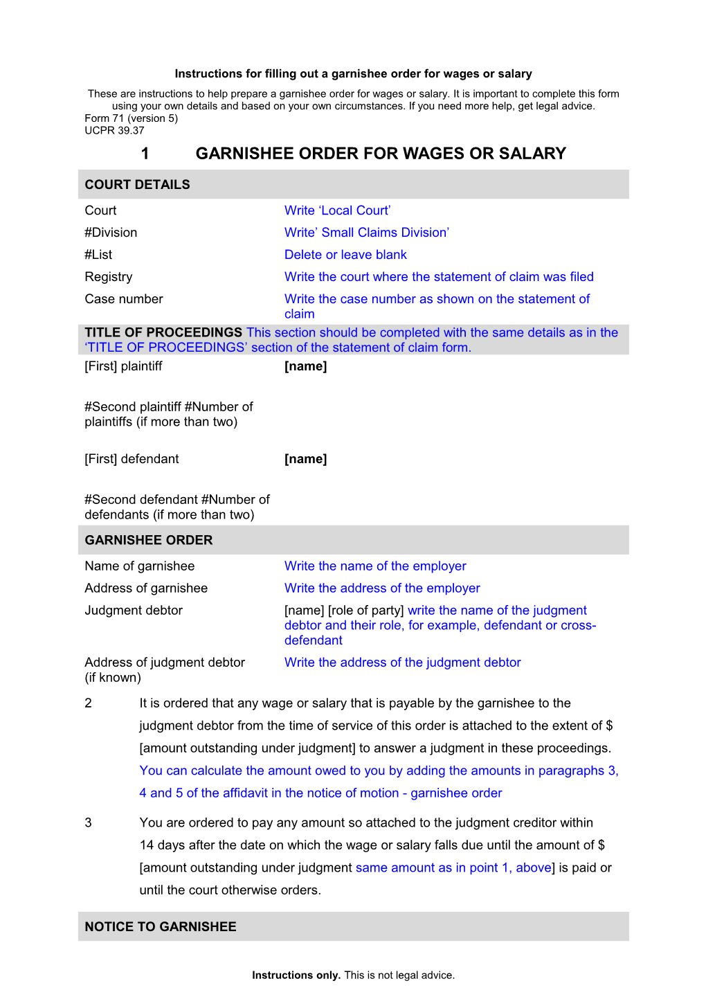 Form 71 - Garnishee Order for Wages Or Salary
