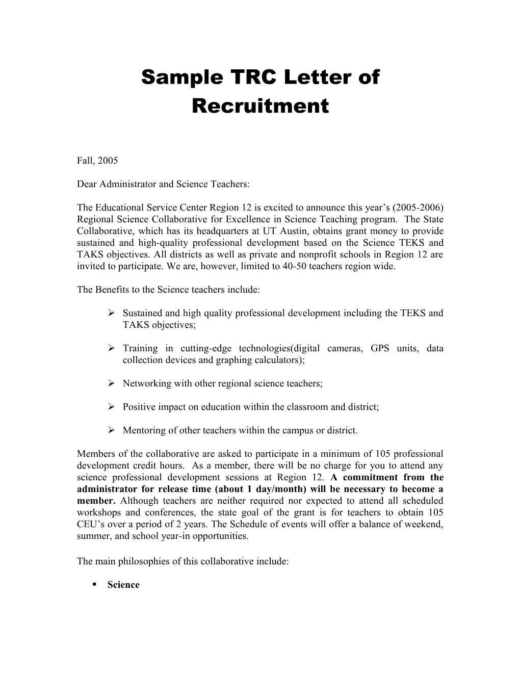 Sample TRC Letter of Recruitment