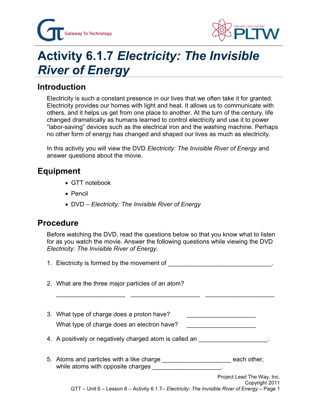 Activity 6.1.7 Electricity: the Invisible River of Energy