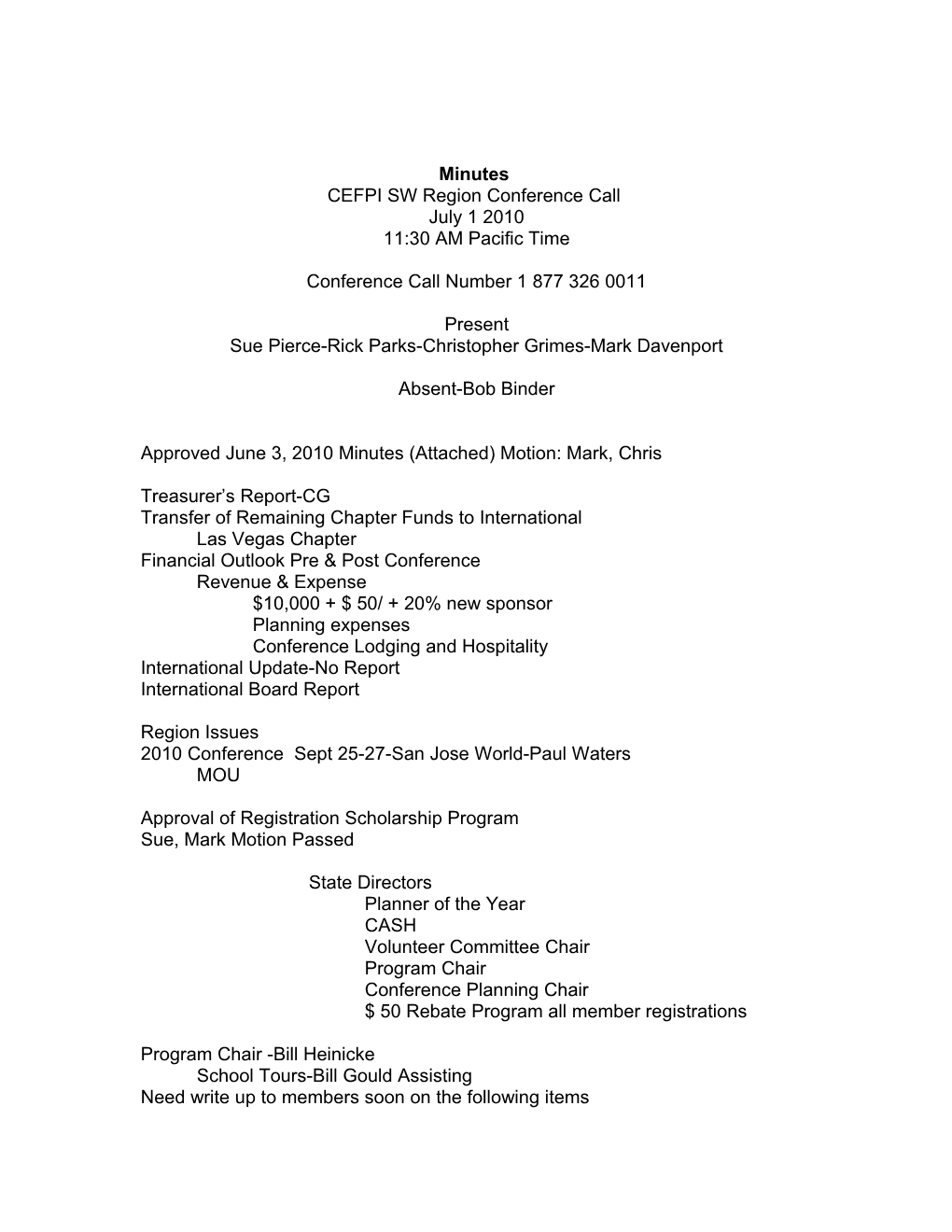 CEFPI SW Region Conference Call Agenda