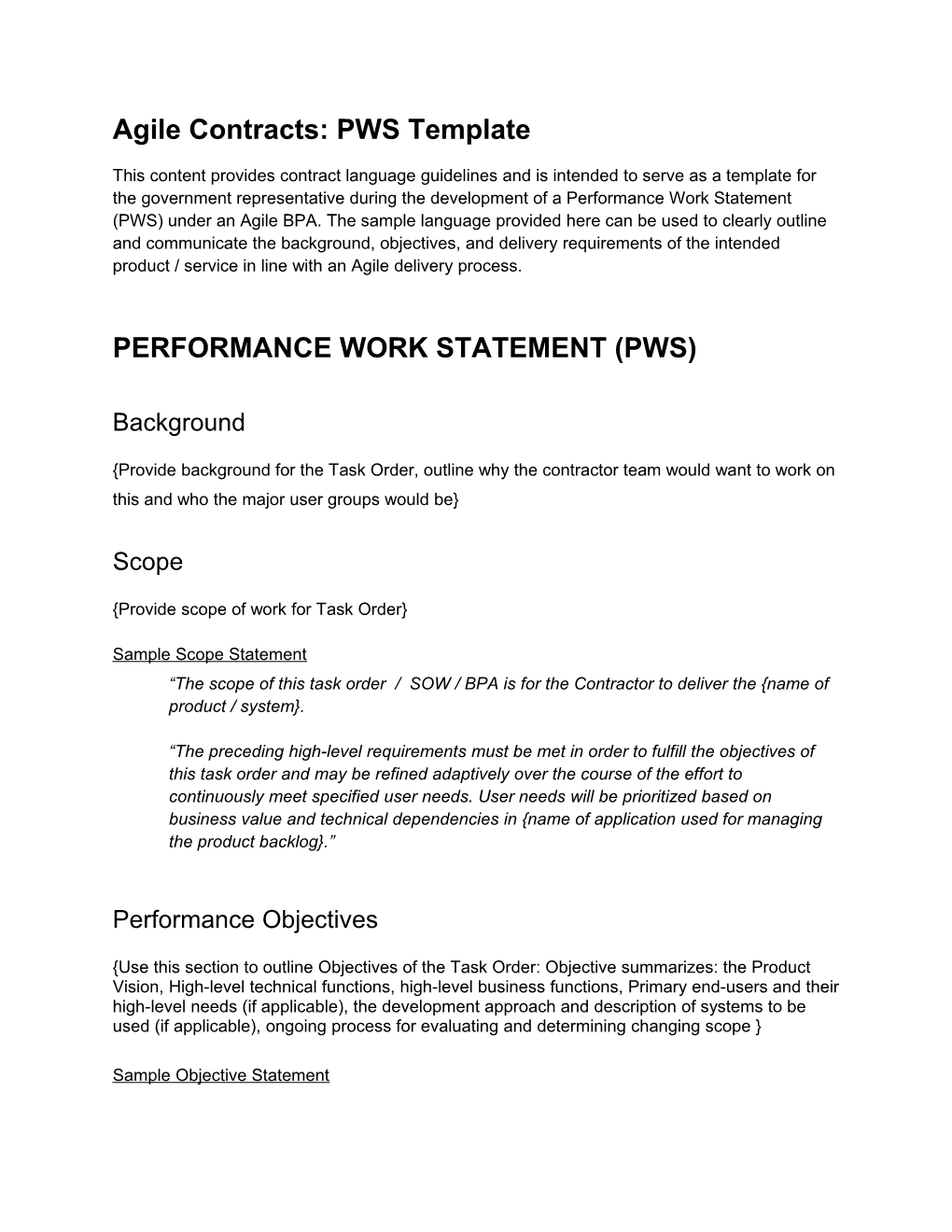 Agile Contracts: PWS Template