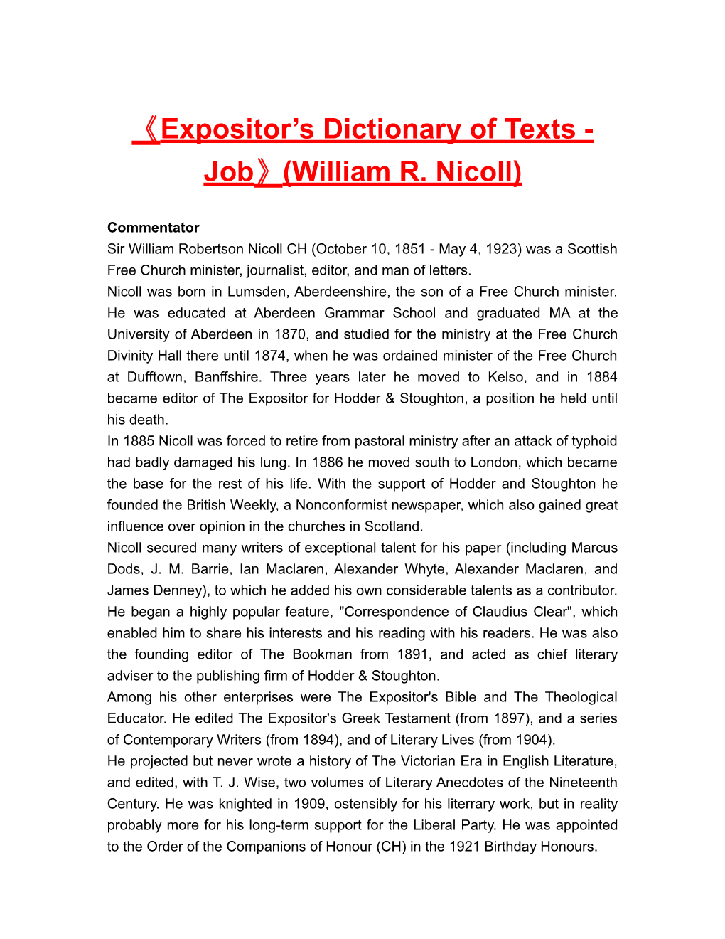 Expositor S Dictionaryof Texts- Job (William R. Nicoll)