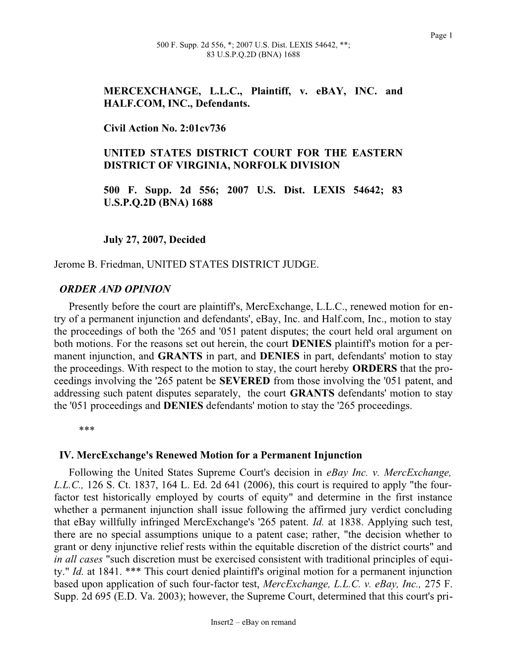 MERCEXCHANGE, L.L.C., Plaintiff, V. Ebay, INC. and HALF.COM, INC., Defendants