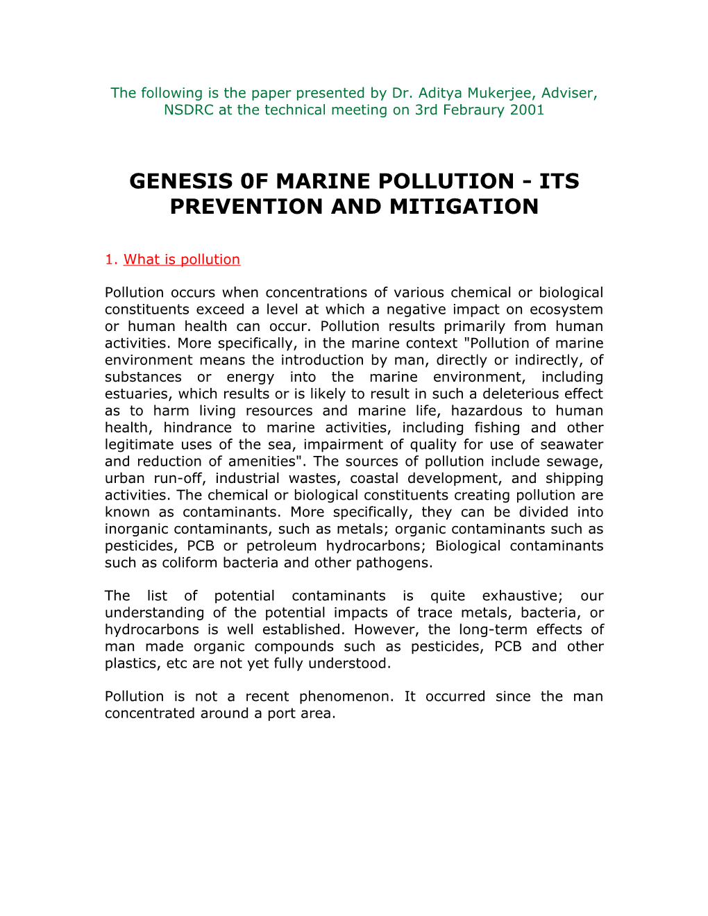 Genesis 0F Marine Pollution - Its Prevention and Mitigation