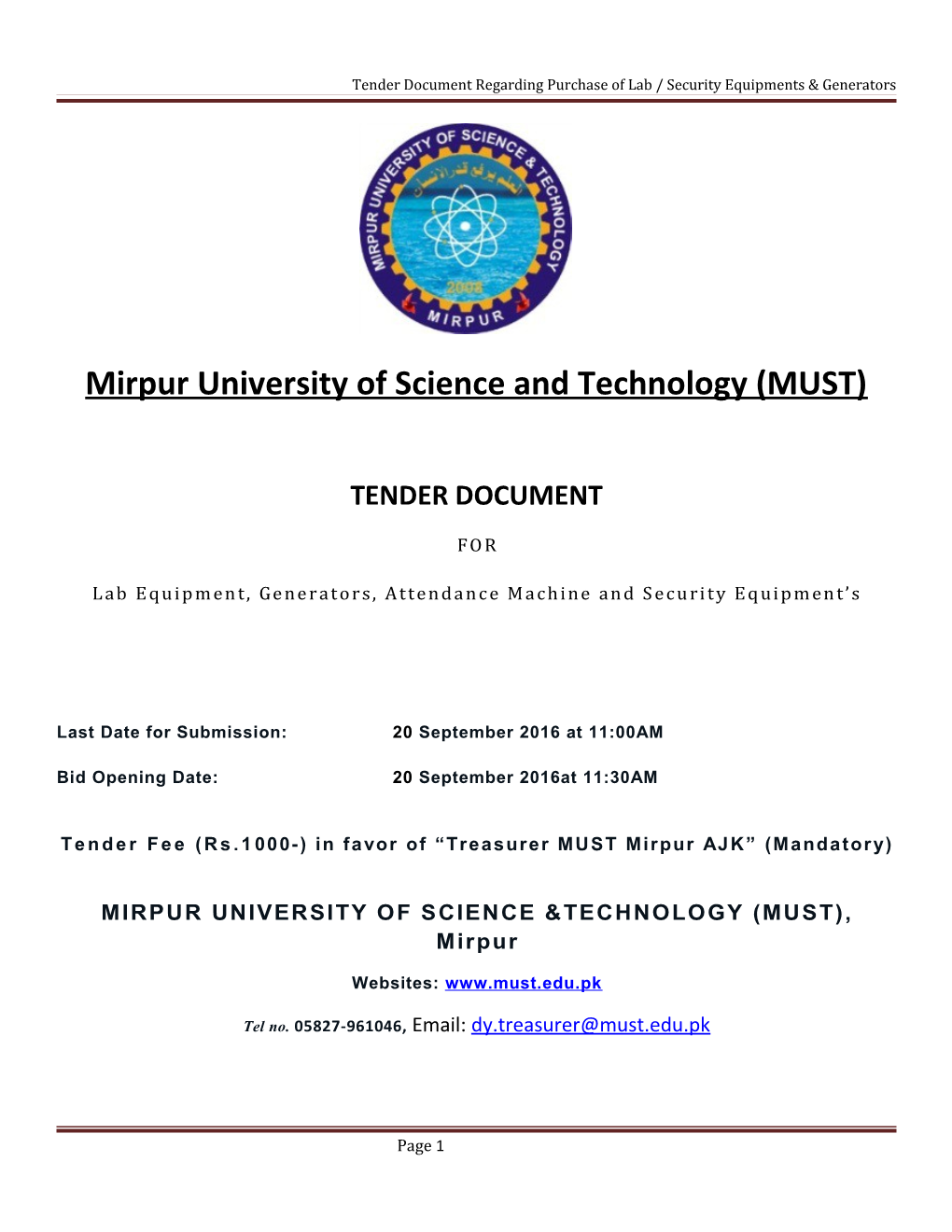 Tender Document Regarding Purchase of Lab / Security Equipments & Generators